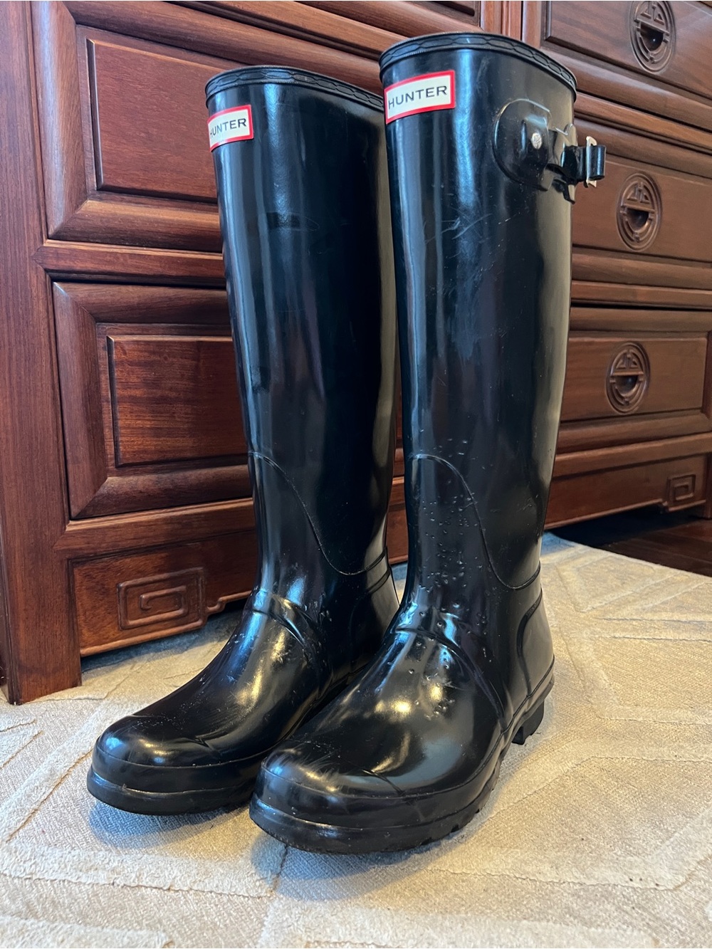 Hunter Glossy Black Tall Rain Boots with Buckle